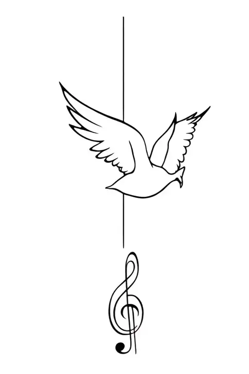 A minimalist forearm tattoo design combining a flying dove (symbol of peace), a treble clef (representing music), and a  tattoo design idea