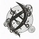 A mystical jinx symbol intertwined with arcane runes tattoo design idea