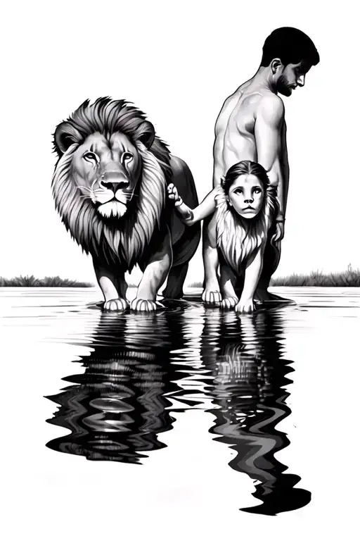 dad and daughter holding hands reflecting 2 lions in water tattoo design idea