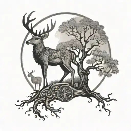 tree of life with moon and sun, lotus flower, deer,  tattoo design idea