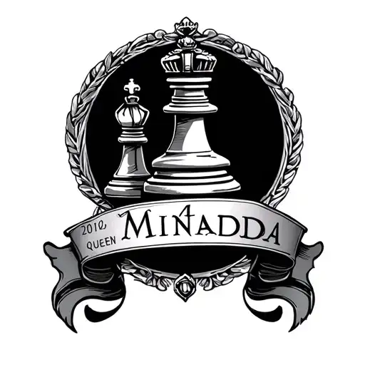 black chess queen with Miranda written and Roman numeral date tattoo design idea