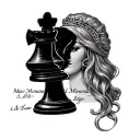 black chess queen with Miranda written and Roman numeral date tattoo design idea