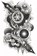 "An elongated, black and white forearm tattoo design with a cosmic and galaxy theme. The design features flowing celesti tattoo design idea