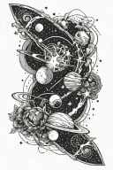 "An elongated, black and white forearm tattoo design with a cosmic and galaxy theme. The design features flowing celesti tattoo design idea