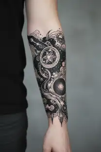 "An elongated, black and white forearm tattoo design with a cosmic and galaxy theme. The design features flowing celesti tattoo design idea