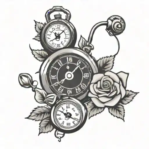 black and grey American traditional design featuring roses and an old-school stopwatch, perfect for a leg tattoo.  tattoo design idea