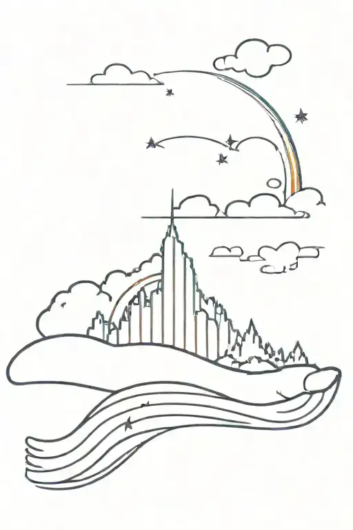 half rainbow half heart inside of a sunset skyline tattoo design idea
