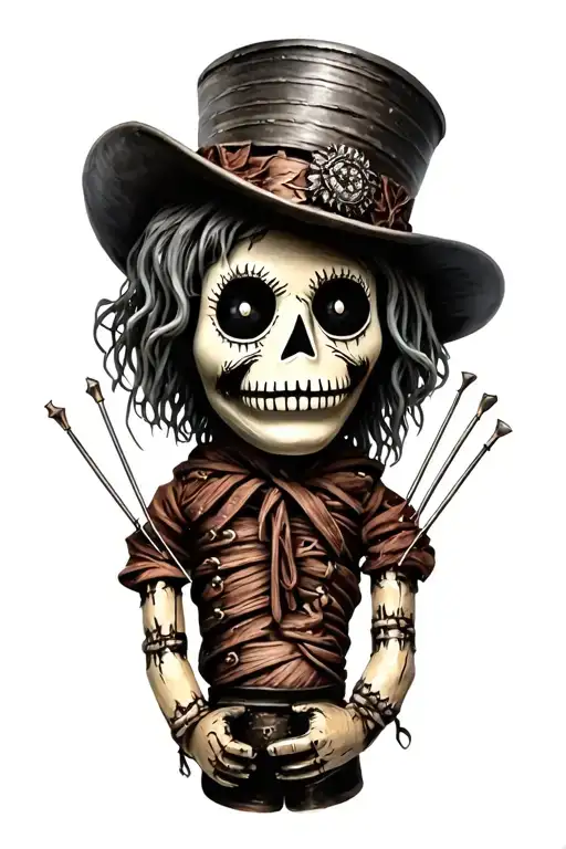 voodoo doll with cylinder hat and needles on his own hand tattoo design idea