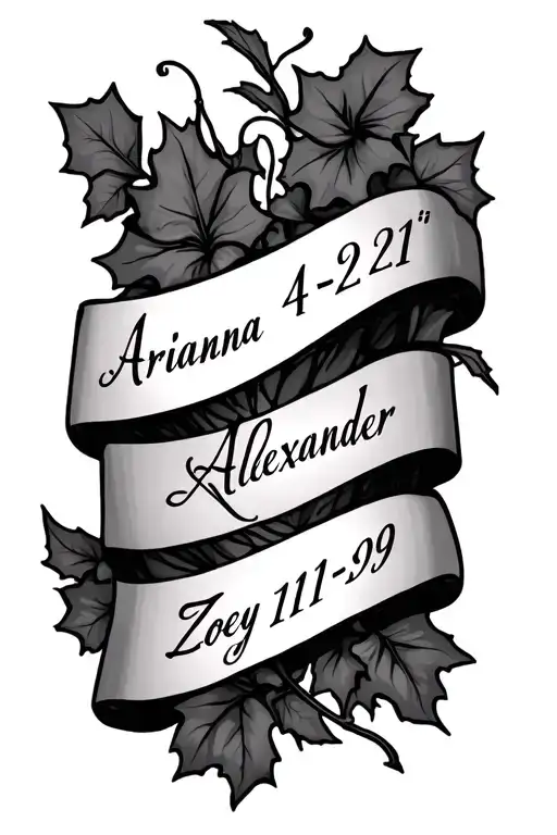 ivy vines wrapping with text 'Arianna 4-21' 'Alexander 2-21' 'Zoey 11-09' tattoo design idea