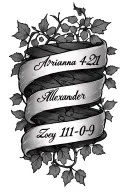 ivy vines wrapping with text 'Arianna 4-21' 'Alexander 2-21' 'Zoey 11-09' tattoo design idea