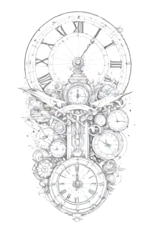 Passage of time with stars and arrows pointing toward different sundials, clocks, and time in an abstract format.  tattoo design idea