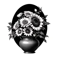 vase with roses, Daisy's, sunflowers, and poppys growing tattoo design idea