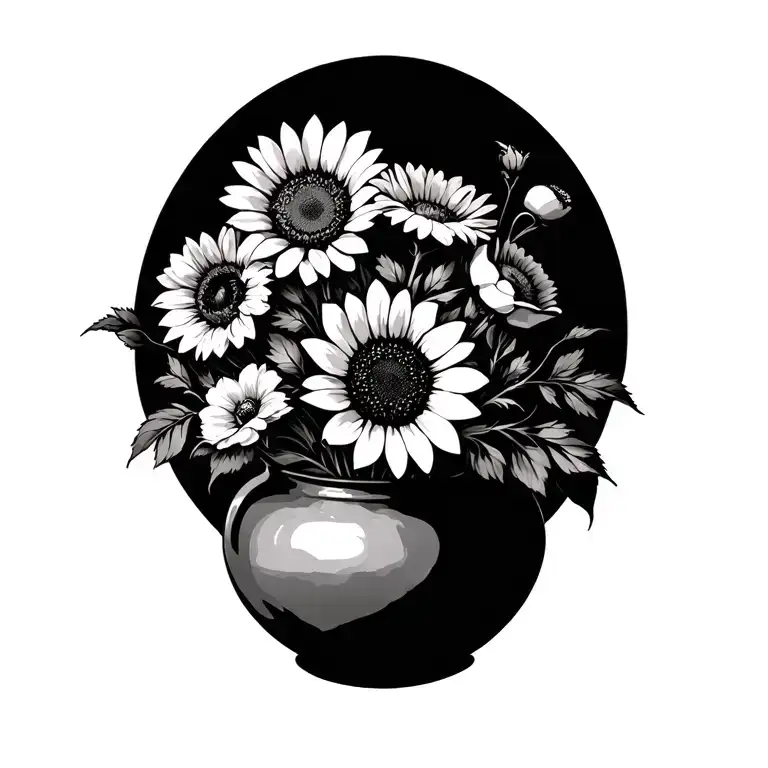 vase with roses, Daisy's, sunflowers, and poppys growing tattoo design idea