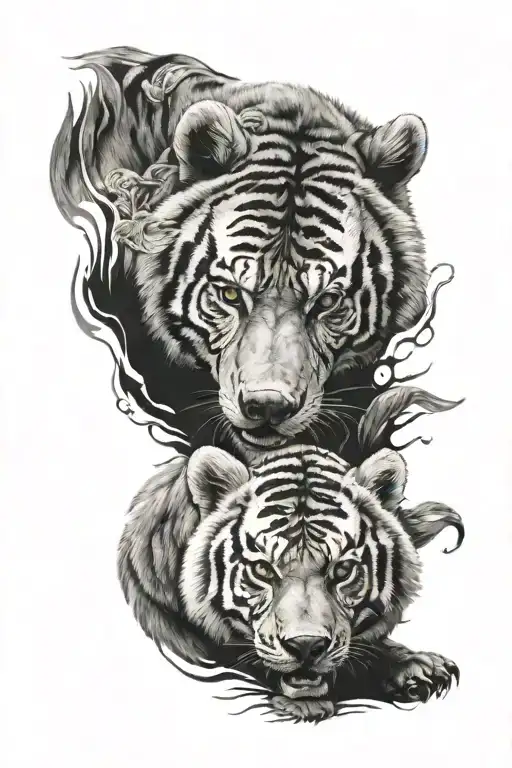 bear with a tiger cub playing tattoo design idea