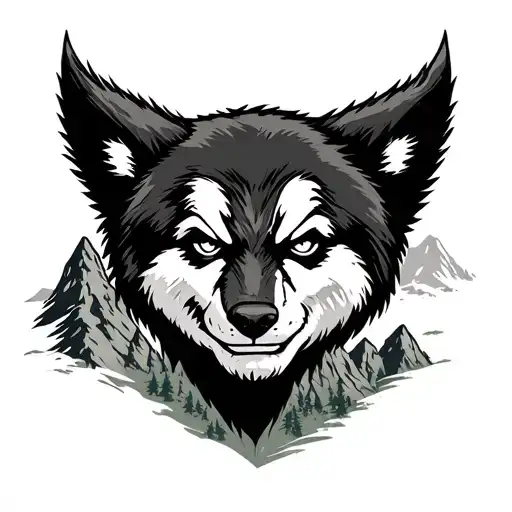 a real Wolverine animal overlooking mountain and forest tattoo design idea