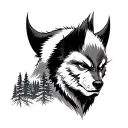 a real Wolverine animal overlooking mountain and forest tattoo design idea