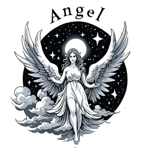 The name Angel, with clouds and stars tattoo design idea