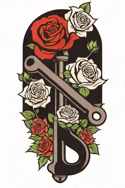 a tattoo of a pipe wrench with a rose and clovers to represent my love for my children, wife and trade tattoo design idea