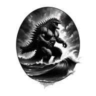 Upper Arm Godzilla emerging from a stormy ocean, backlit by a fire tattoo design idea
