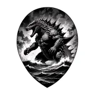 Upper Arm Godzilla emerging from a stormy ocean, backlit by a fire tattoo design idea