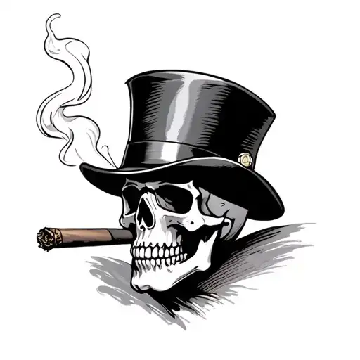 skull wearing a top hat smoking a cigar tattoo design idea