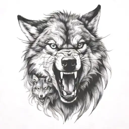 angry wild wolf and cub  tattoo design idea