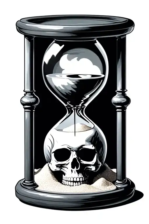 dark hour glass with sand and a skull under the base of it  tattoo design idea