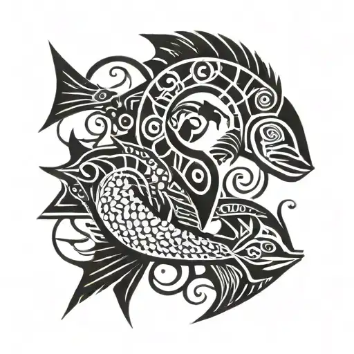 Maori with aquatic animals, arrows, shadows, fish scales tattoo design idea