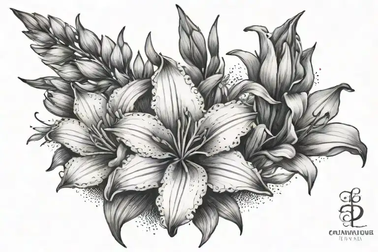 gladiolus flower, daisy flower, violet flower, tattoo design idea