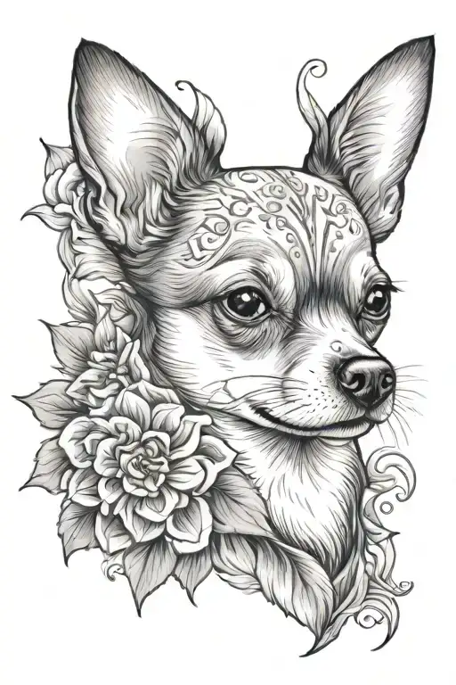 chihuahua with marigold flower tattoo design idea