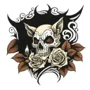 skull roses and wolf tattoo design idea