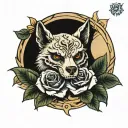 skull roses and wolf tattoo design idea