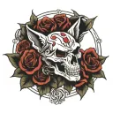 skull roses and wolf tattoo design idea