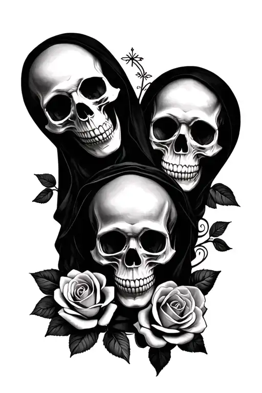 3 skulls mother mary and roses surrounded tattoo design idea