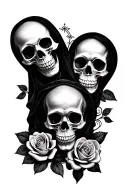 3 skulls mother mary and roses surrounded tattoo design idea