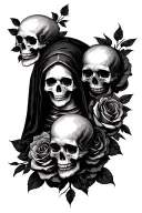 3 skulls mother mary and roses surrounded tattoo design idea
