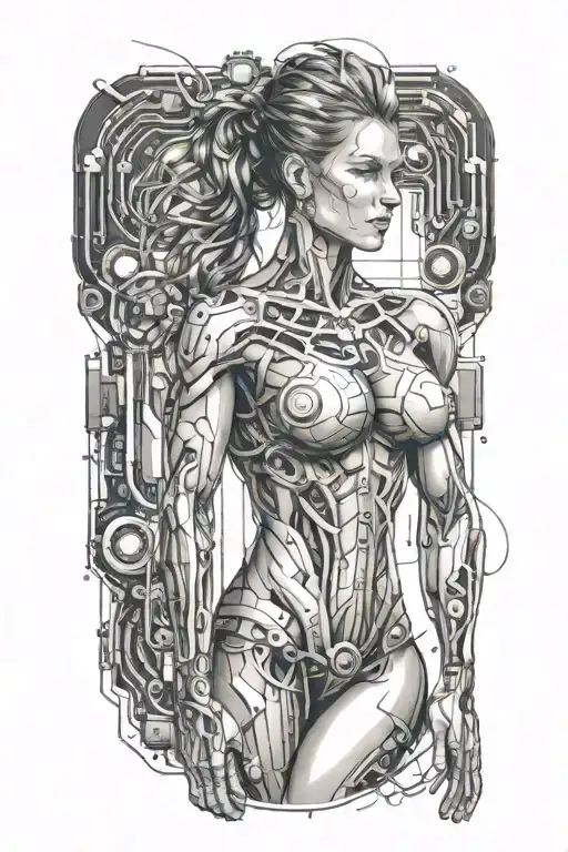 aesthetic bodybuilder muscular women with technology circuits vectors board merging tattoo design idea