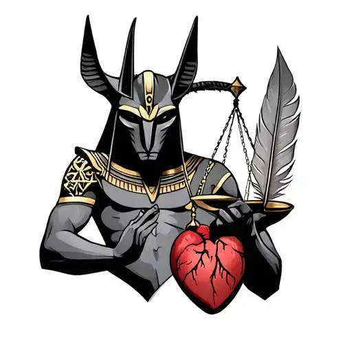 Anubis with pyriminds in the background and him holding a scale with a feather on one side and a human heart on the othe tattoo design idea
