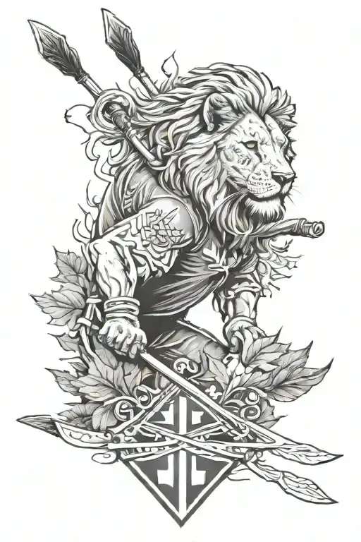 Half Lion Head and a Half Hockey Player split in half by an arrow with a quiver shaped like a maple leaf tattoo design idea