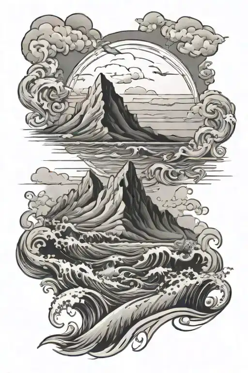 Ocean and mountain tattoo design idea