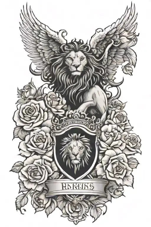 english roberts family crest with lion head above it with clouds and roses sorrounding  tattoo design idea