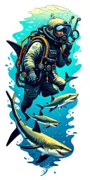 nautical underwater scene with colorful images featuring deep sea diver and sharks tattoo design idea