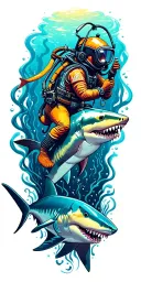 nautical underwater scene with colorful images featuring deep sea diver and sharks tattoo design idea