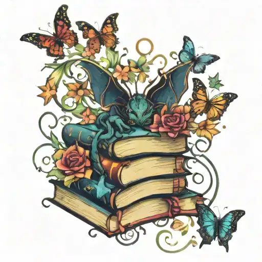 stack of open books dark horned dragon stars butterflies vines and flowers swirling around in dark jewel tone colors tattoo design idea