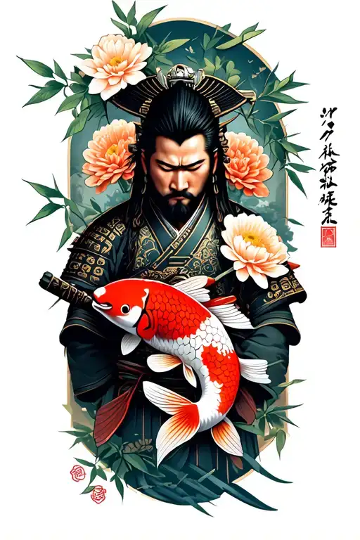 a samurai with koi fish and Chrysanthemums flower and bamboo tattoo design idea
