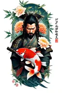 a samurai with koi fish and Chrysanthemums flower and bamboo tattoo design idea