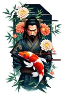 a samurai with koi fish and Chrysanthemums flower and bamboo tattoo design idea