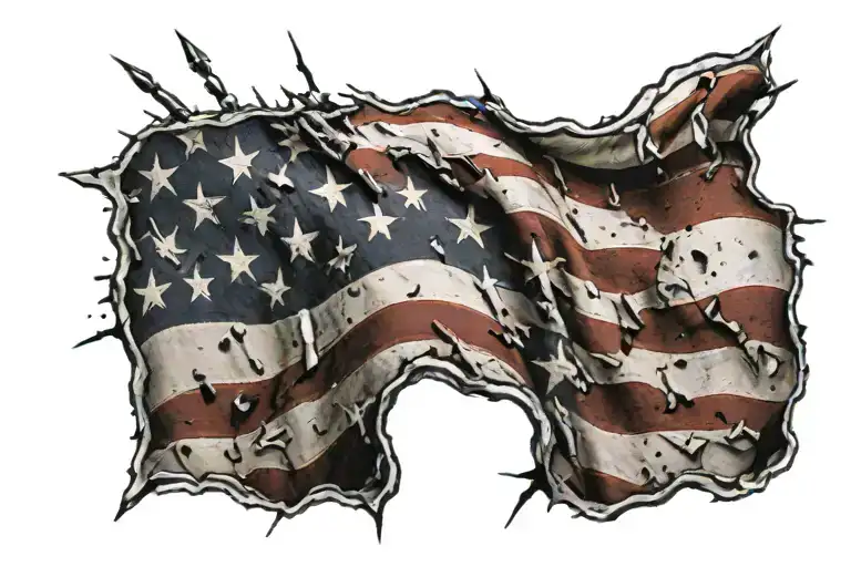 ripped waving American flag with bullet holes  tattoo design idea