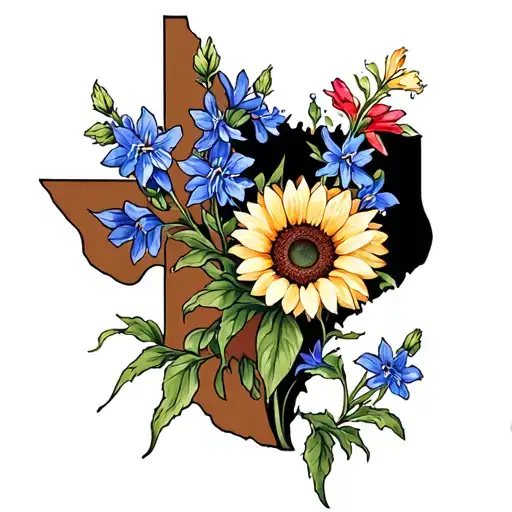 Texas with bluebonnets and Indian paintbrushes sunflower tattoo design idea