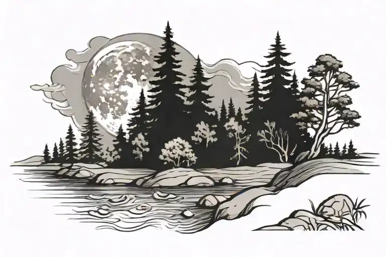 River and redwoods and full moon tattoo design idea